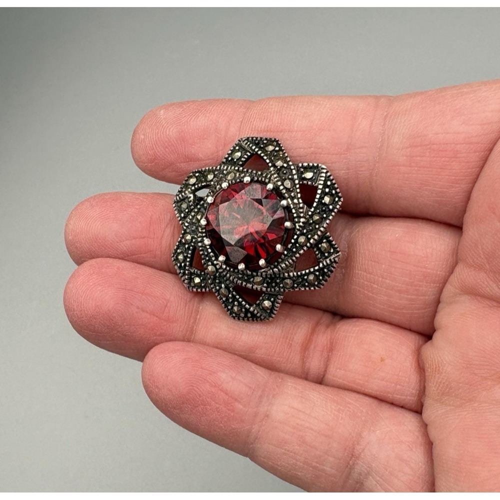 Vintage Sterling Silver Flower Pin Marcasite Red Glass Star Statement